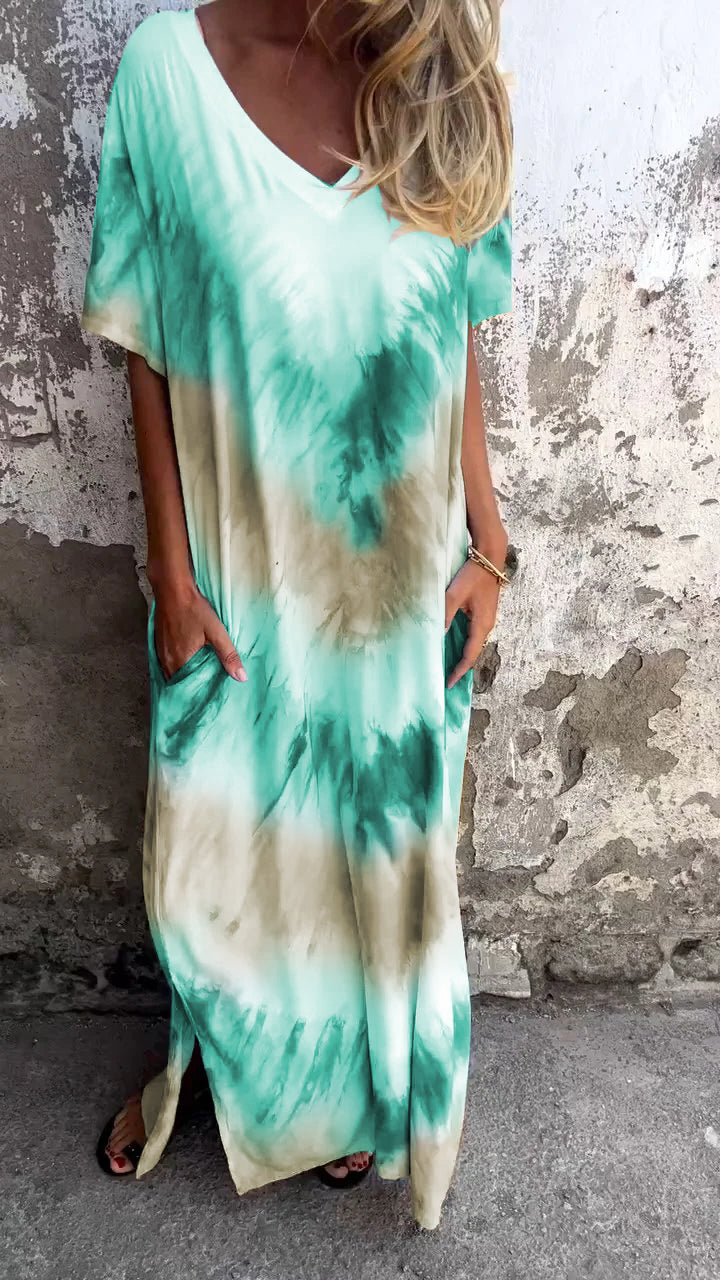 Długa, wygodna sukienka z dekoltem w serek tie-dye