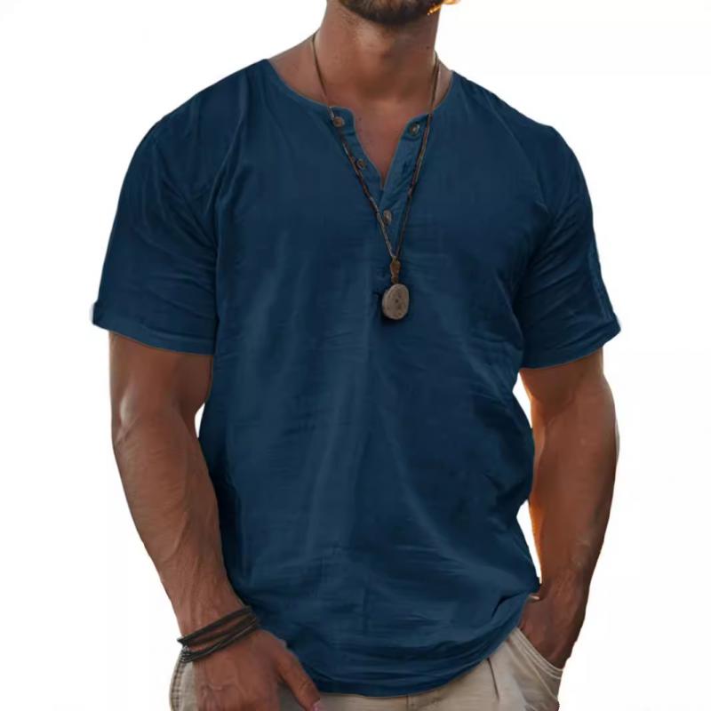Męski T-shirt z krótkim rękawem, bawełny i lnu, henley, jednolity kolor