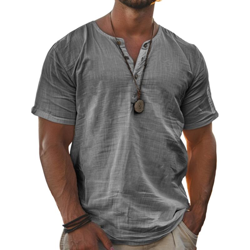 Męski T-shirt z krótkim rękawem, bawełny i lnu, henley, jednolity kolor