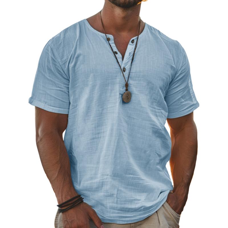 Męski T-shirt z krótkim rękawem, bawełny i lnu, henley, jednolity kolor