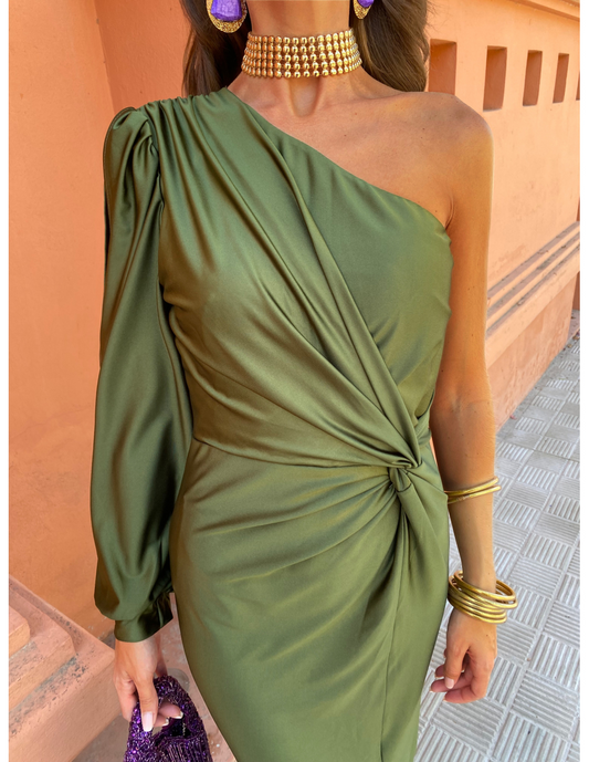 Katarzyna – Elegancka sukienka maxi z jednym rękawem