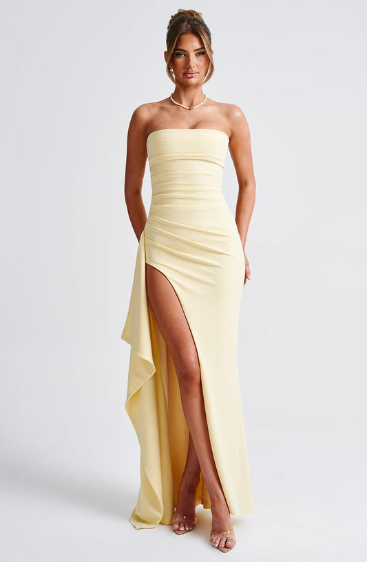 Weronika Sukienka Maxi z Krepy – Cytrynowa