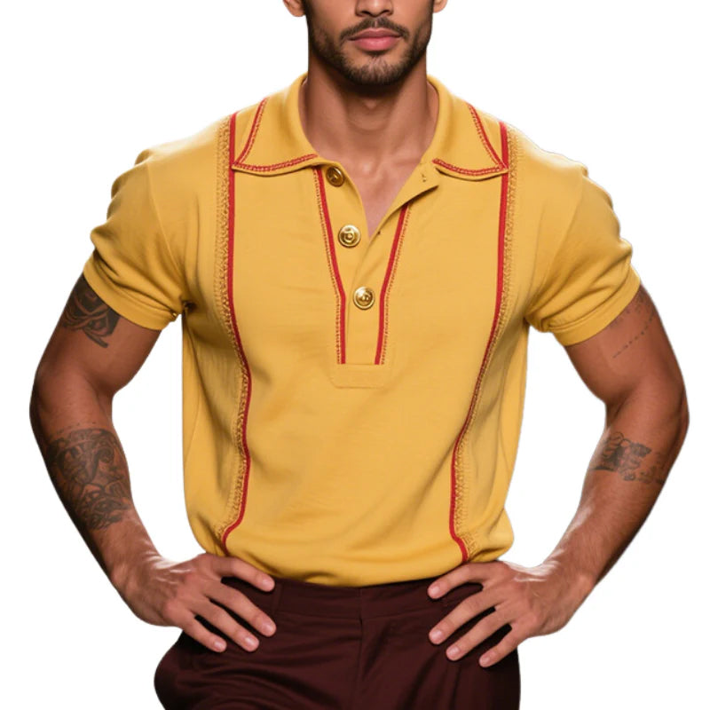 Męska, casualowa, vintage'owa, bawełniana koszulka polo z krótkim rękawem, haftowana, w paski