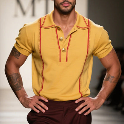 Męska, casualowa, vintage'owa, bawełniana koszulka polo z krótkim rękawem, haftowana, w paski