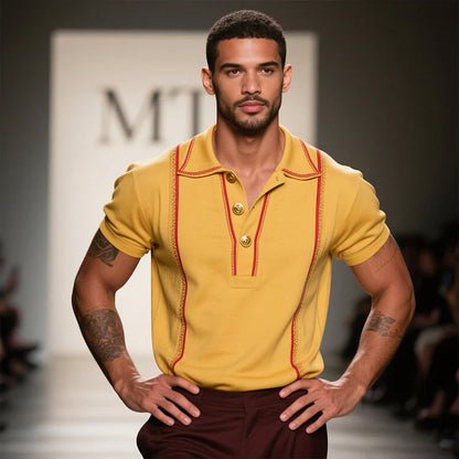 Męska, casualowa, vintage'owa, bawełniana koszulka polo z krótkim rękawem, haftowana, w paski