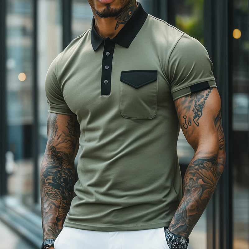 Męska, casualowa, retro, bawełniana koszulka polo z krótkim rękawem w blokach kolorów