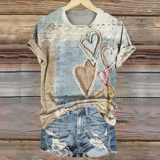 Nikola / Vintage'owy T-Shirt Z Nadrukiem Serca