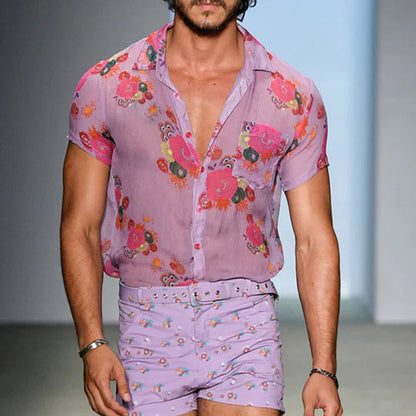 Męska koszula z krótkim rękawem i siateczką w stylu retro, z nadrukiem w kwiaty, z klapami