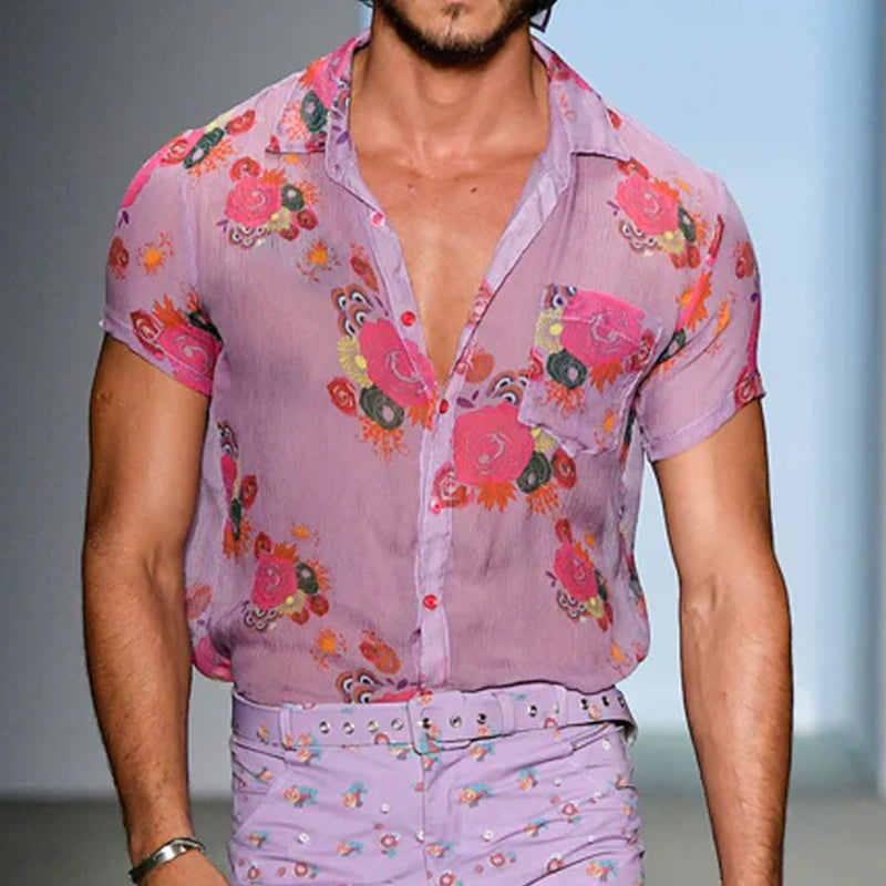 Męska koszula z krótkim rękawem i siateczką w stylu retro, z nadrukiem w kwiaty, z klapami