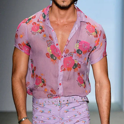 Męska koszula z krótkim rękawem i siateczką w stylu retro, z nadrukiem w kwiaty, z klapami