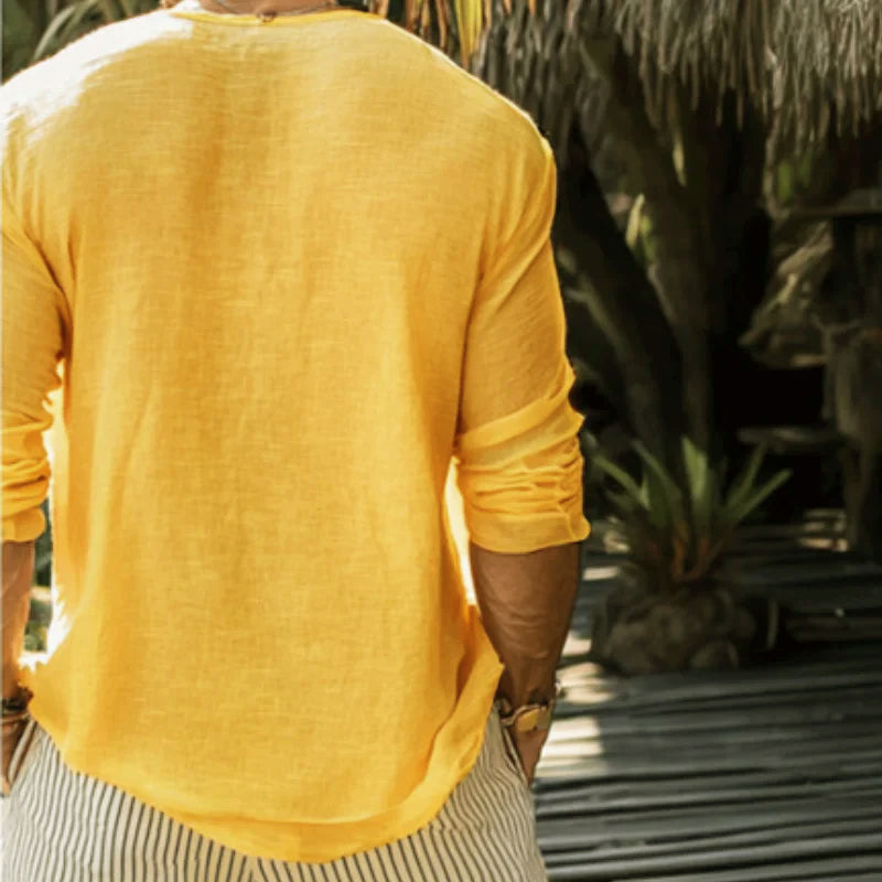 Męska, swobodna, bawełniano-lniana, luźna koszulka z długim rękawem i okrągłym dekoltem