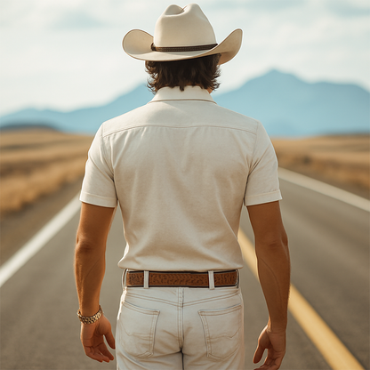 Męska koszula wiosenno-letnia w nowym stylu retro western cowboy z haftem i wąskimi klapami, z krótkim rękawem