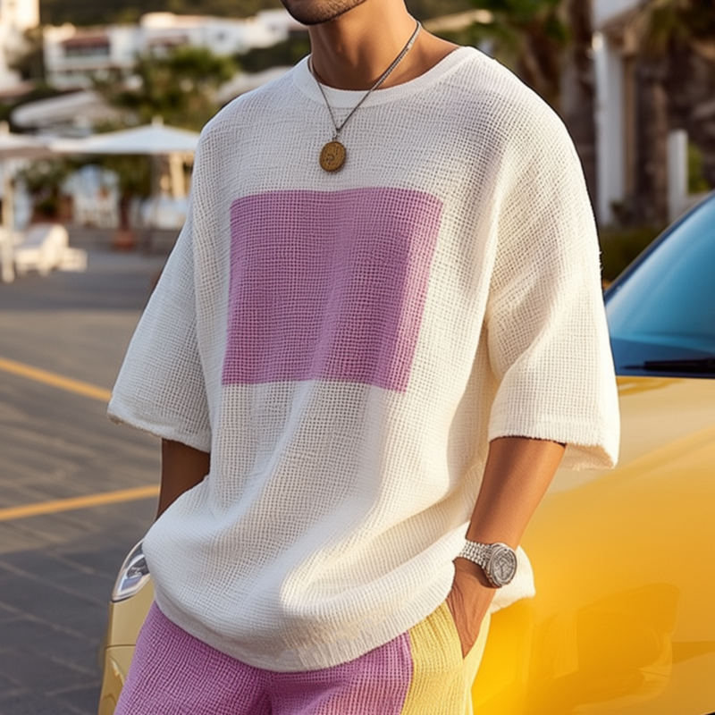 Męski sweter z dzianiny w bloki kolorów, okrągły dekolt, luźny, krótki rękaw