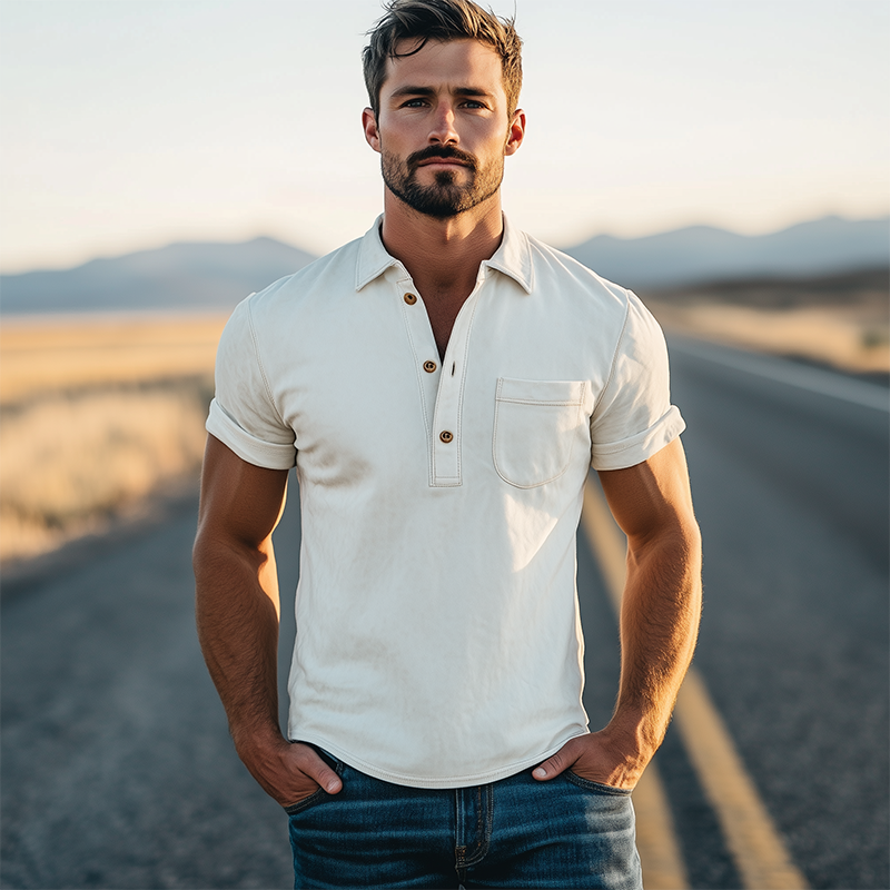 Męska wiosenna, tkana koszulka polo z krótkim rękawem w stylu retro western fashion