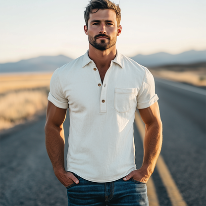 Męska wiosenna, tkana koszulka polo z krótkim rękawem w stylu retro western fashion