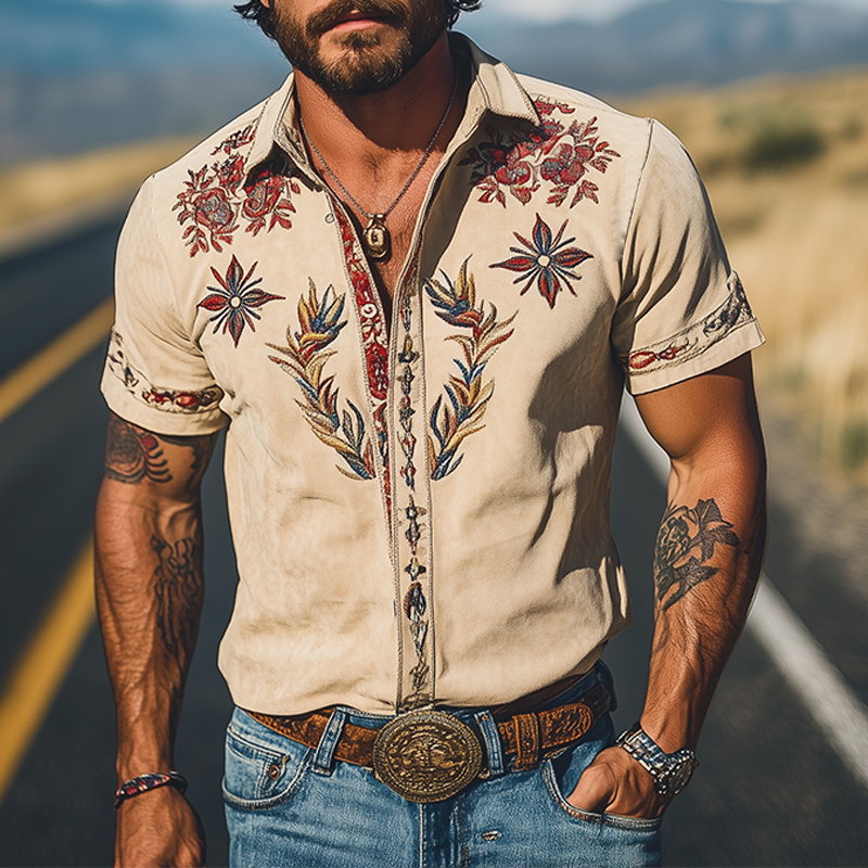 Męska wiosenno-letnia, modna, zamszowa koszula z krótkim rękawem w stylu retro western, haftowana