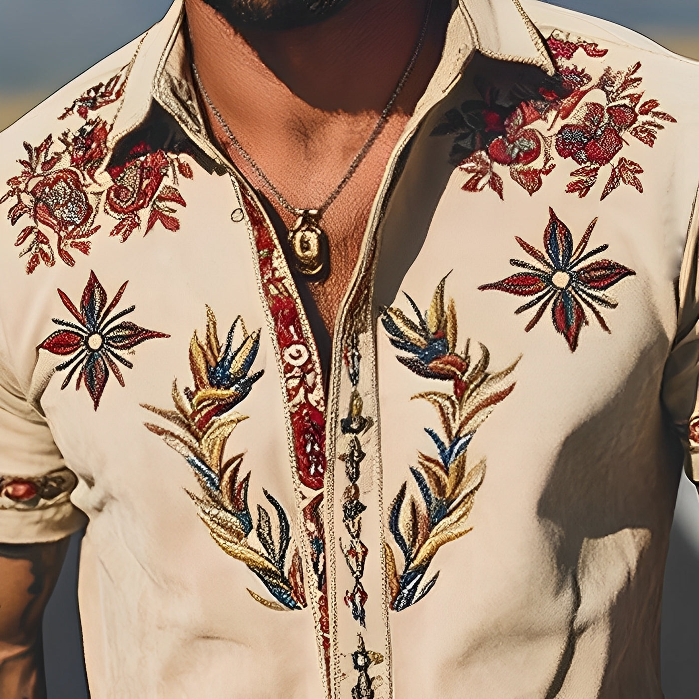 Męska wiosenno-letnia, modna, zamszowa koszula z krótkim rękawem w stylu retro western, haftowana