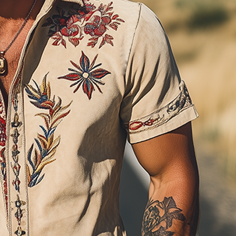 Męska wiosenno-letnia, modna, zamszowa koszula z krótkim rękawem w stylu retro western, haftowana