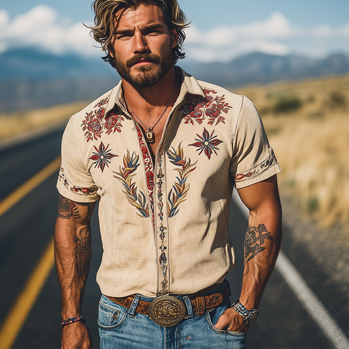 Męska wiosenno-letnia, modna, zamszowa koszula z krótkim rękawem w stylu retro western, haftowana