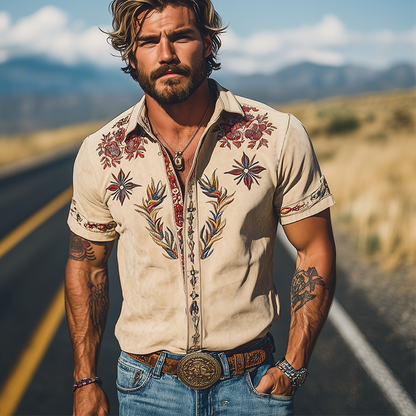 Męska wiosenno-letnia, modna, zamszowa koszula z krótkim rękawem w stylu retro western, haftowana
