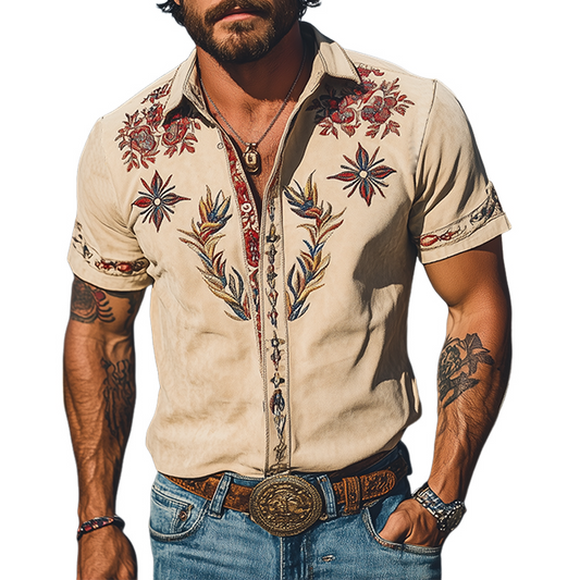 Męska wiosenno-letnia, modna, zamszowa koszula z krótkim rękawem w stylu retro western, haftowana