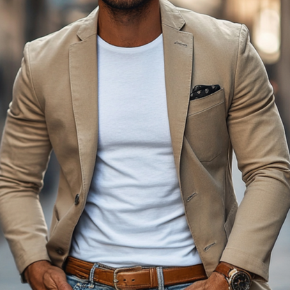 Męska koszulka casualowa z oddychającej bawełny, z wyciętymi klapami, pojedyncza Marynarka Slim Fit z krótkim rękawem i dekoltem w serek