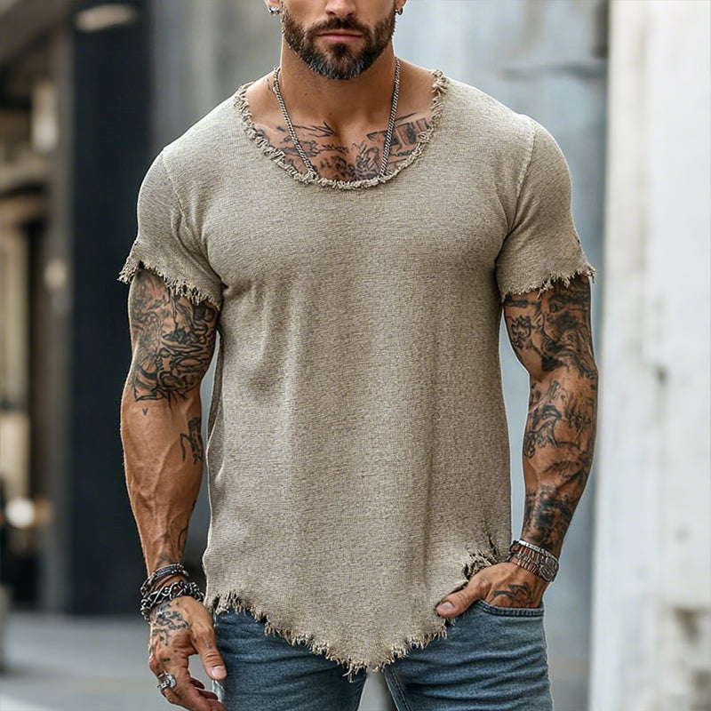 Męska koszulka polo w stylu retro, casualowa, z krótkim rękawem i surowym wykończeniem, z okrągłym dekoltem i rozdarciami