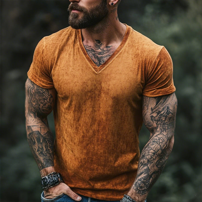 Męska koszulka retro casual z krótkim rękawem i nadrukiem w serek, w stylu shabby