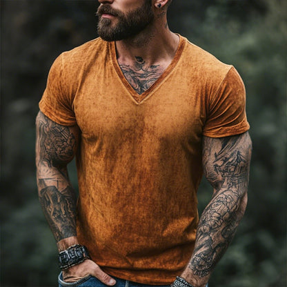 Męska koszulka retro casual z krótkim rękawem i nadrukiem w serek, w stylu shabby