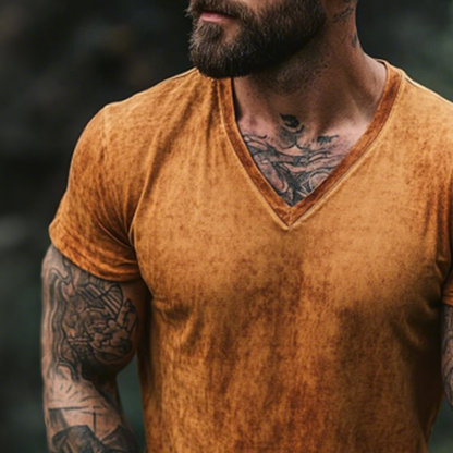 Męska koszulka retro casual z krótkim rękawem i nadrukiem w serek, w stylu shabby