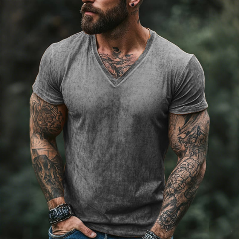 Męska koszulka retro casual z krótkim rękawem i nadrukiem w serek, w stylu shabby