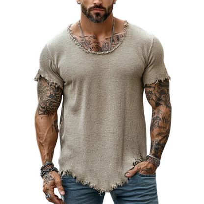 Męska koszulka polo w stylu retro, casualowa, z krótkim rękawem i surowym wykończeniem, z okrągłym dekoltem i rozdarciami