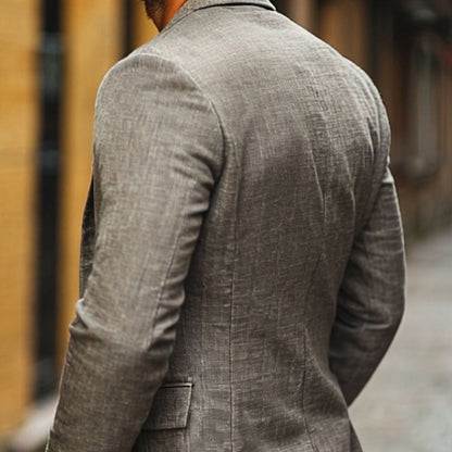Męska swobodna, bawełniano-lniana, jednorzędowa marynarka slim fit z wyciętymi klapami