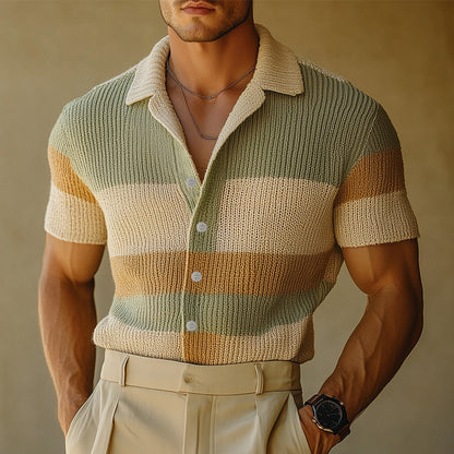 Męska wiosenna prosta, tkana koszula z krótkim rękawem