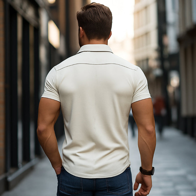 Męska, casualowa, wysokiej jakości, bawełniana koszula jednorzędowa, z kontrastowym wykończeniem, z klapami, o dopasowanym kroju, z krótkim rękawem