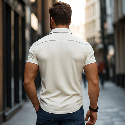 Męska, casualowa, wysokiej jakości, bawełniana koszula jednorzędowa, z kontrastowym wykończeniem, z klapami, o dopasowanym kroju, z krótkim rękawem