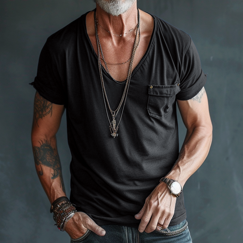 Męska koszulka cargo z krótkim rękawem i dekoltem w serek, kieszenią na piersi