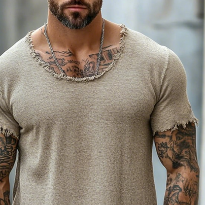 Męska koszulka polo w stylu retro, casualowa, z krótkim rękawem i surowym wykończeniem, z okrągłym dekoltem i rozdarciami