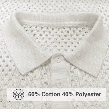 Męska, jednolita, dzianinowa koszulka polo z krótkim rękawem, z wycięciami i klapami, w kratę