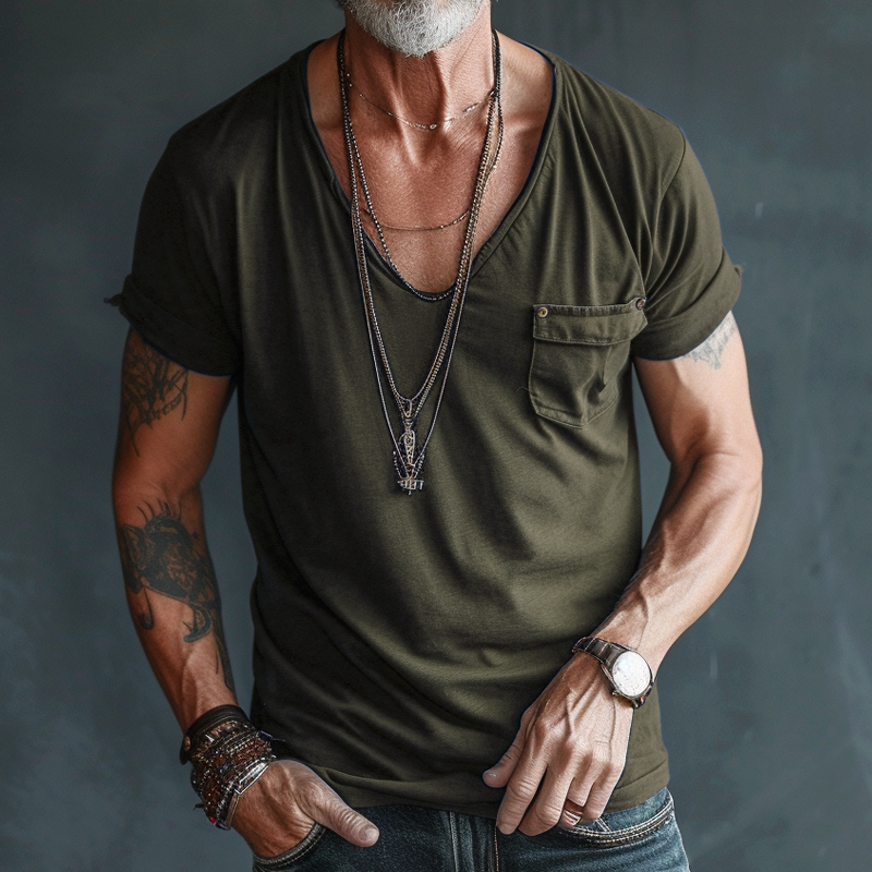 Męska koszulka cargo z krótkim rękawem i dekoltem w serek, kieszenią na piersi