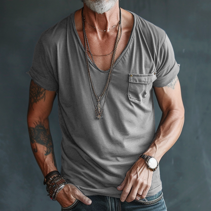 Męska koszulka cargo z krótkim rękawem i dekoltem w serek, kieszenią na piersi