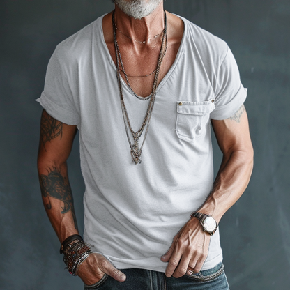 Męska koszulka cargo z krótkim rękawem i dekoltem w serek, kieszenią na piersi