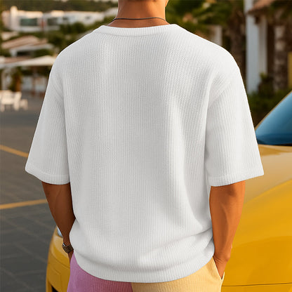 Męski sweter z dzianiny w bloki kolorów, okrągły dekolt, luźny, krótki rękaw