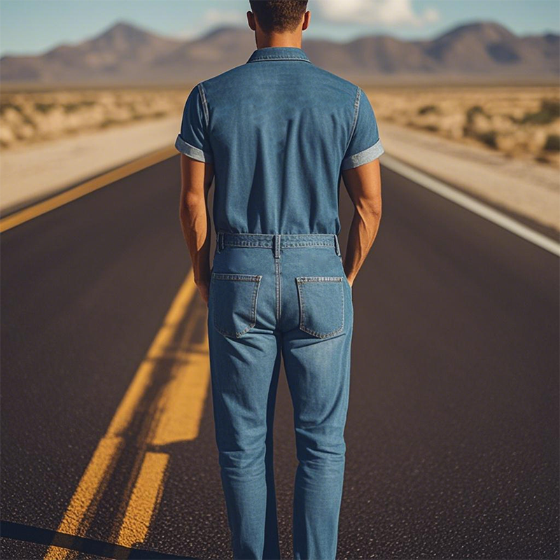 Męski, letni, casualowy, klasyczny, westernowy styl, jeansowy kombinezon z haftem Tencel