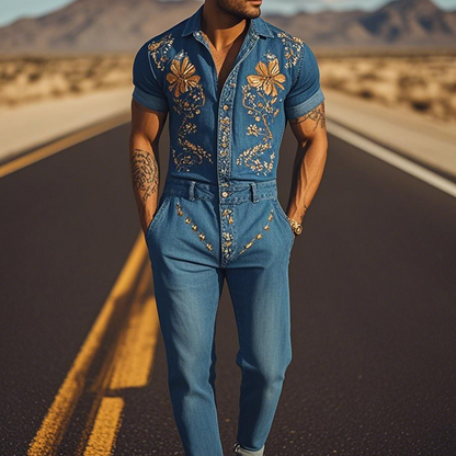 Męski, letni, casualowy, klasyczny, westernowy styl, jeansowy kombinezon z haftem Tencel