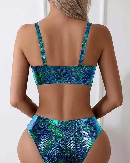 Bikini z nadrukiem węża i wiązaniem na klatce piersiowej, wysokim stanem i trójkątem