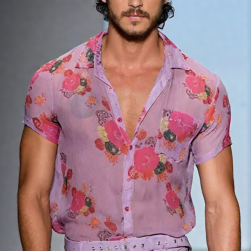 Męska koszula z krótkim rękawem i kwiatowym wzorem (bez Pasek)