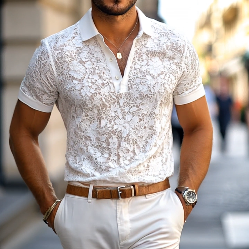 Męska koszula z jednolitym kolorem Koszulka polo z koronkowymi klapami i krótkim rękawem, casualowa