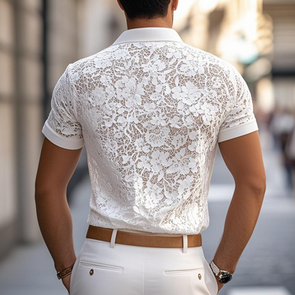 Męska koszula z jednolitym kolorem Koszulka polo z koronkowymi klapami i krótkim rękawem, casualowa