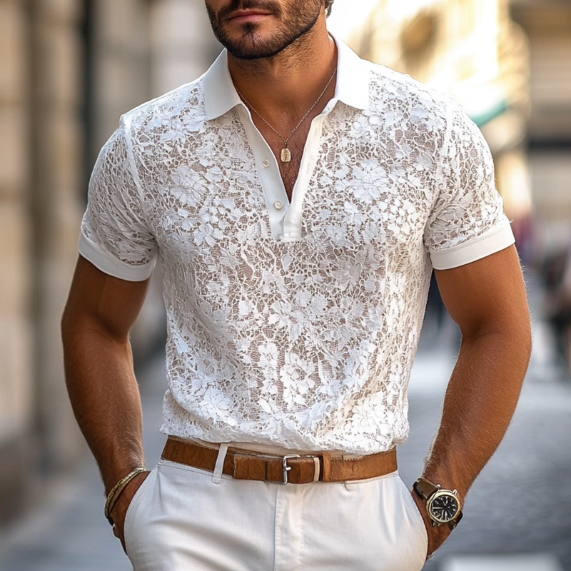 Męska koszula z jednolitym kolorem Koszulka polo z koronkowymi klapami i krótkim rękawem, casualowa